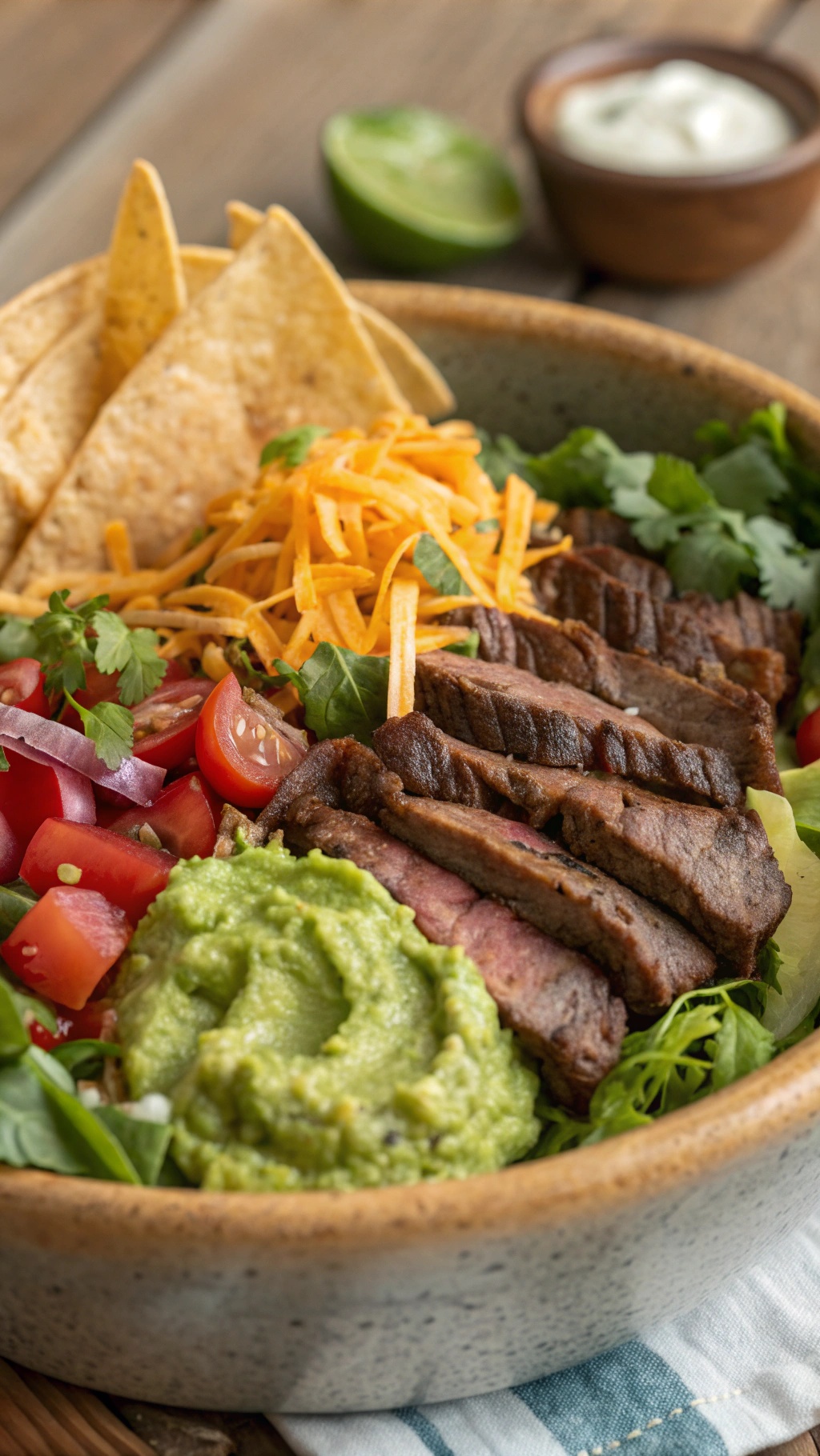 A colorful loaded steak taco salad with fresh ingredients and tortilla chips.
