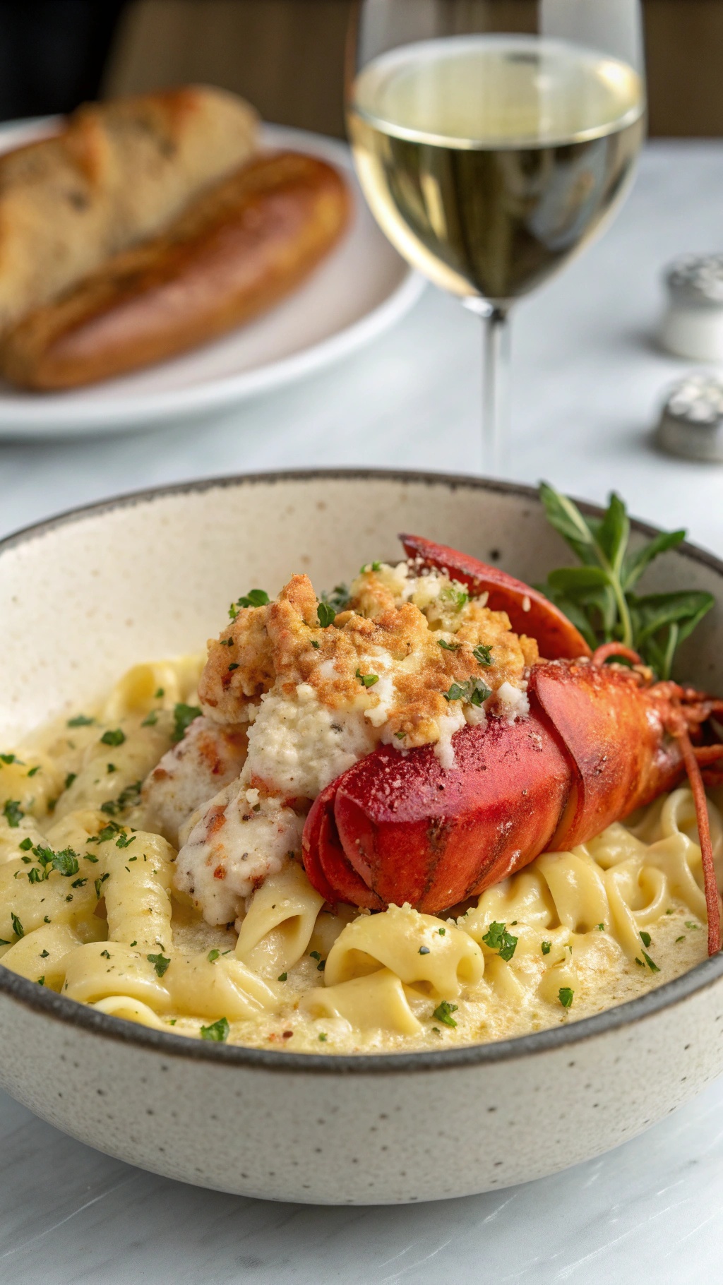 A bowl of lobster mac and cheese topped with breadcrumbs and parsley, accompanied by a glass of white wine and a bread roll.
