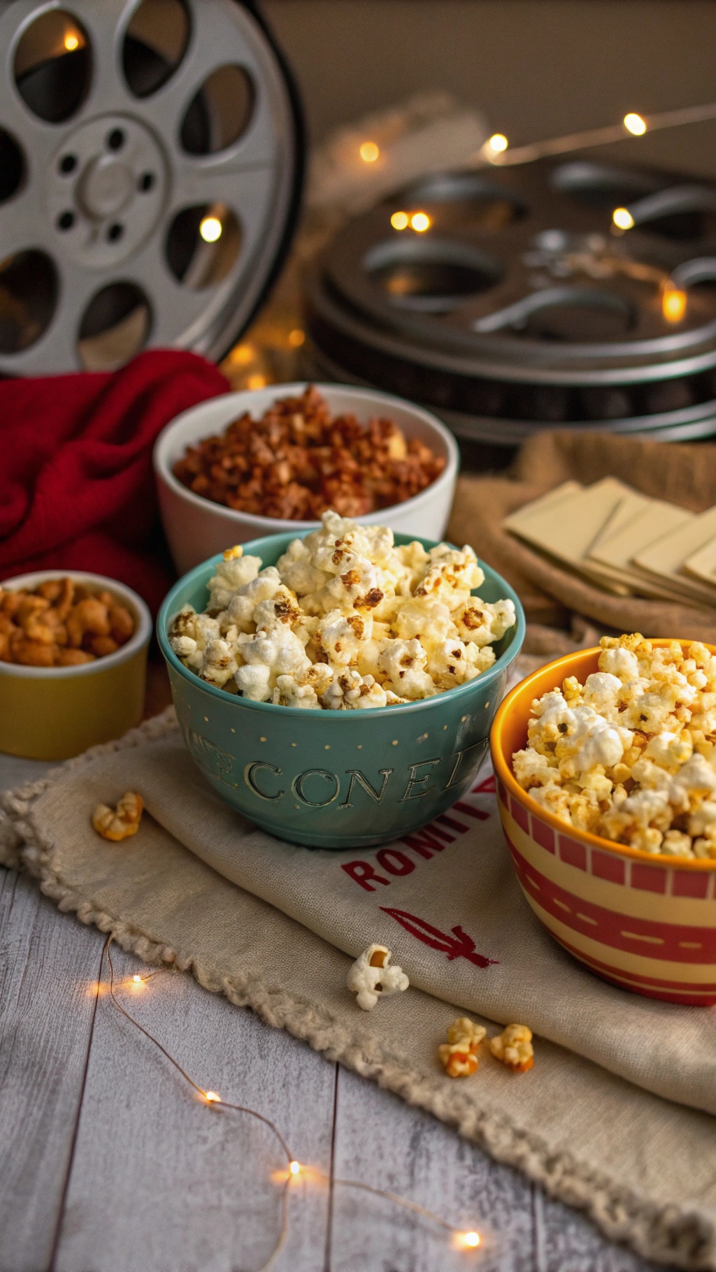 A variety of popcorn flavors in colorful bowls, showcasing different toppings and seasonings.