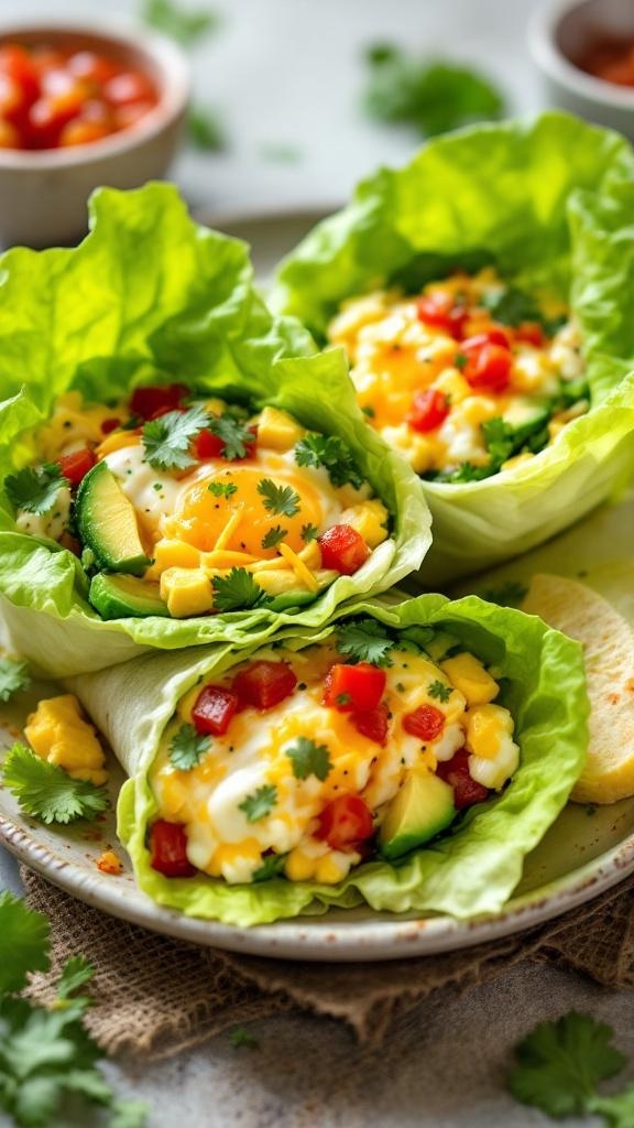 Low-carb breakfast burritos wrapped in lettuce with eggs, tomatoes, and avocado