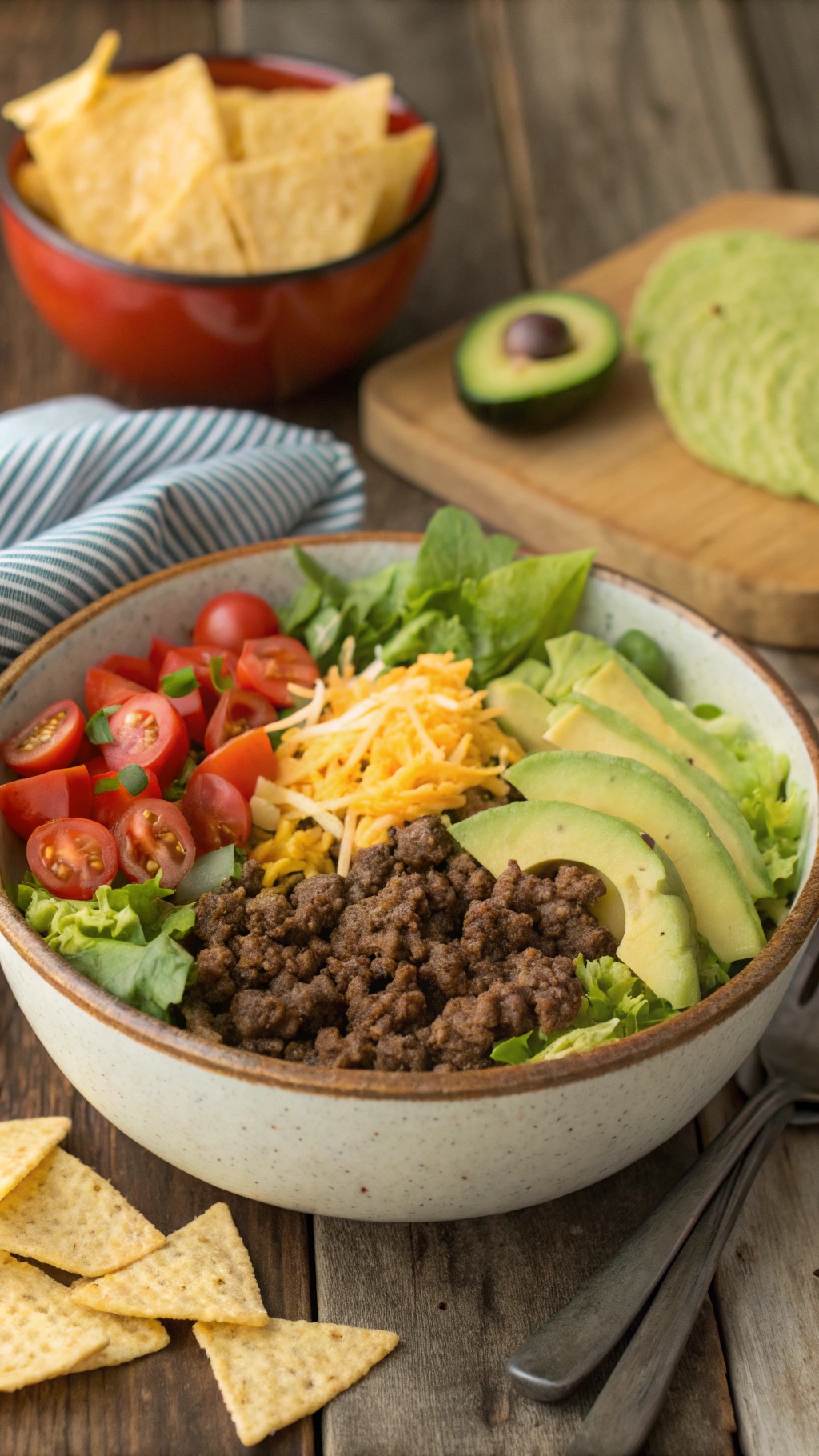 A colorful low-carb taco salad with ground beef, lettuce, tomatoes, avocado, and cheese, served with tortilla chips.