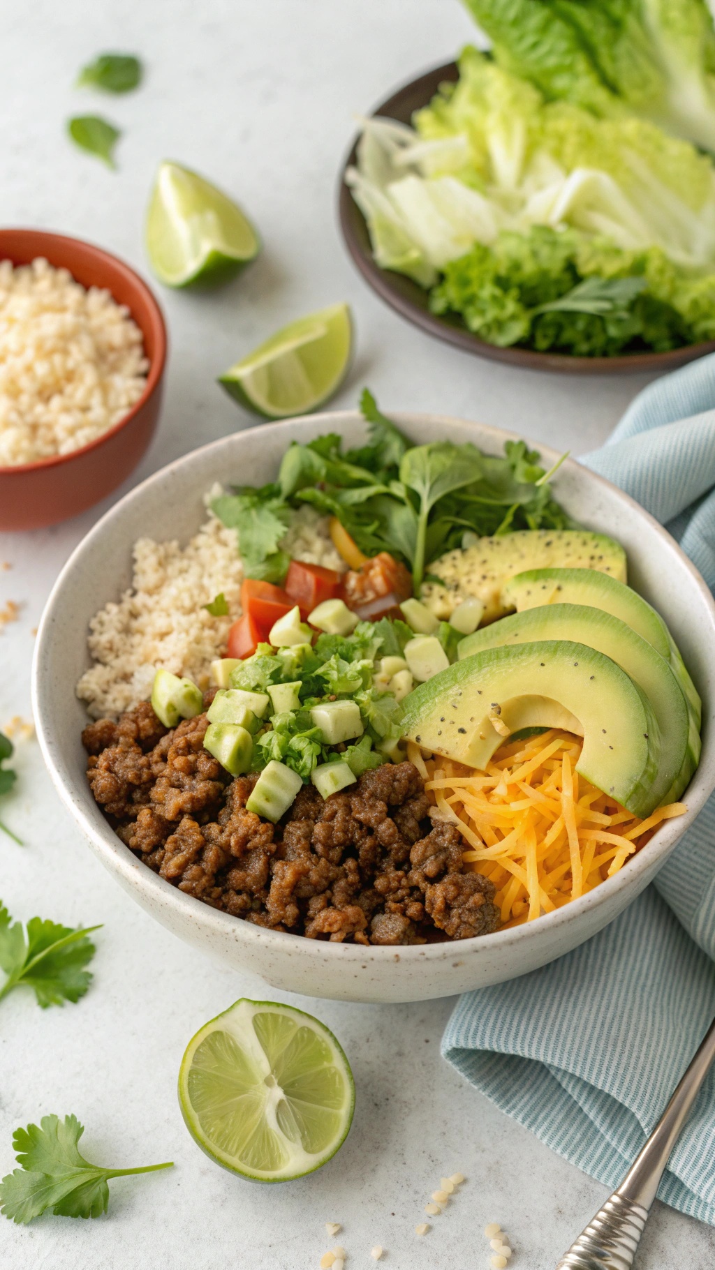 A healthy low carb taco salad bowl featuring cauliflower rice, seasoned ground beef, fresh vegetables, avocado slices, and lime wedges.