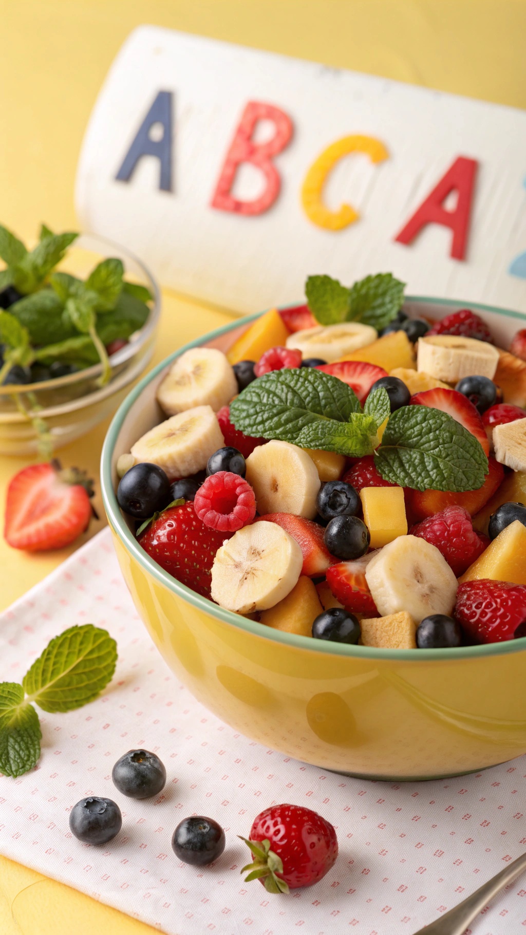 A colorful bowl of banana and berry salad with mint leaves, surrounded by fresh berries.
