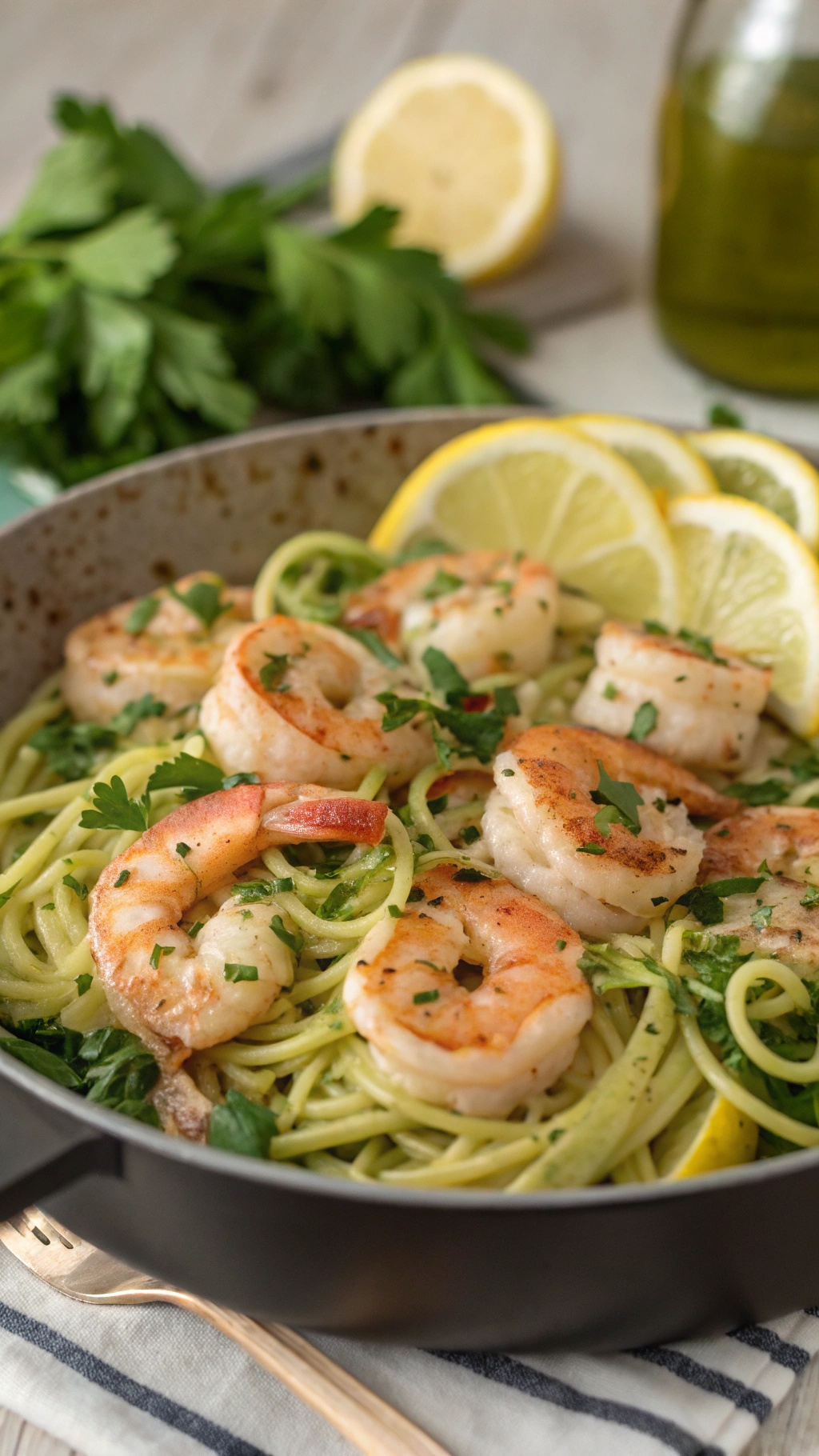 A delicious plate of low carb shrimp scampi with zucchini noodles, shrimp, and lemon slices.