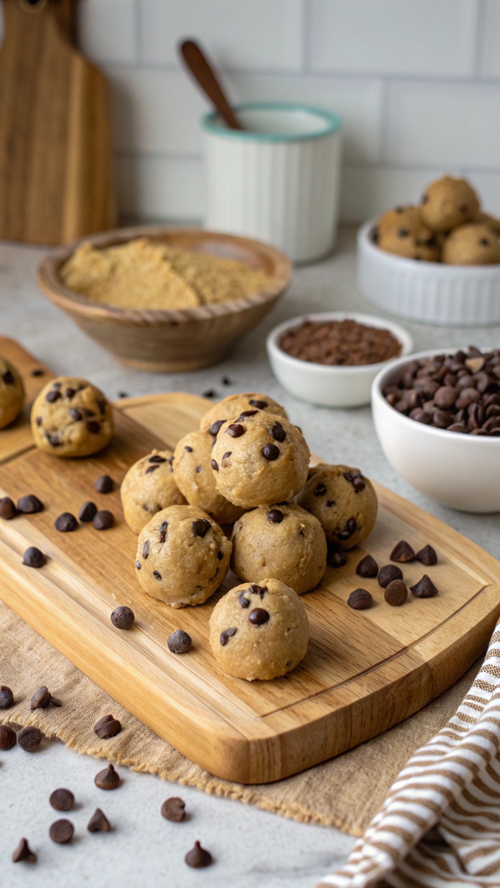 No-bake chocolate chip cookie dough balls on a wooden board with chocolate chips scattered around.