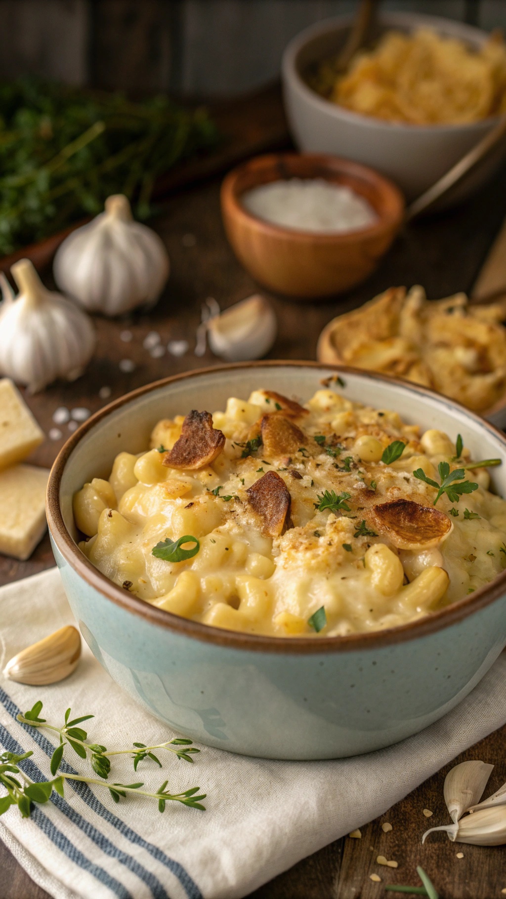 A bowl of creamy garlic keto mac and cheese topped with crispy garlic and herbs.