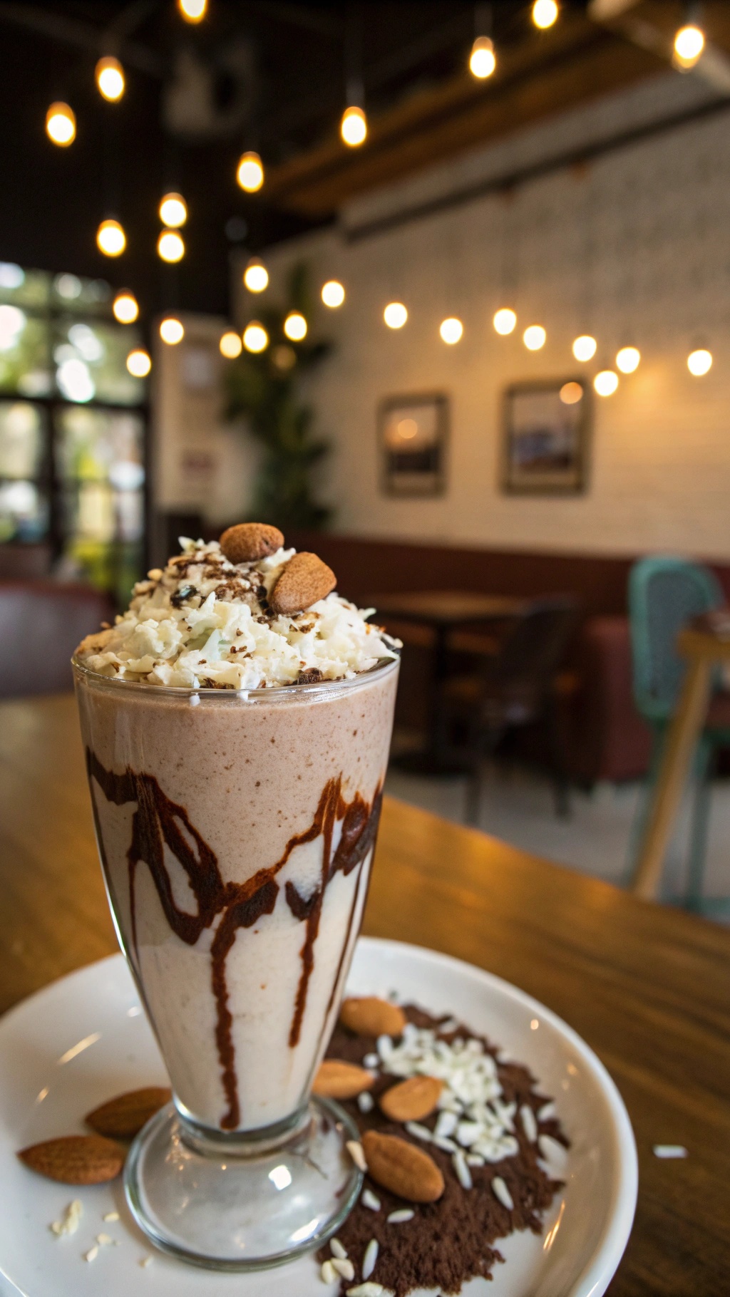 A luxurious Almond Joy smoothie topped with whipped cream, shredded coconut, and almonds, served in a glass with chocolate drizzle.