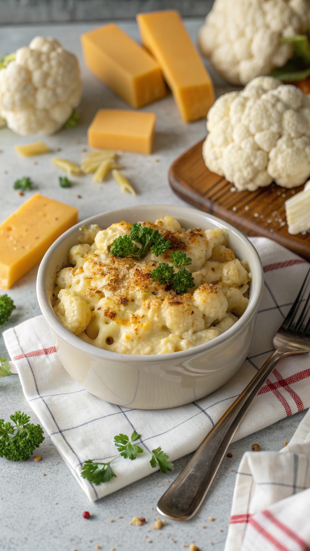 A bowl of mac and cheese made with cauliflower, topped with parsley, surrounded by cheese blocks and cauliflower florets.
