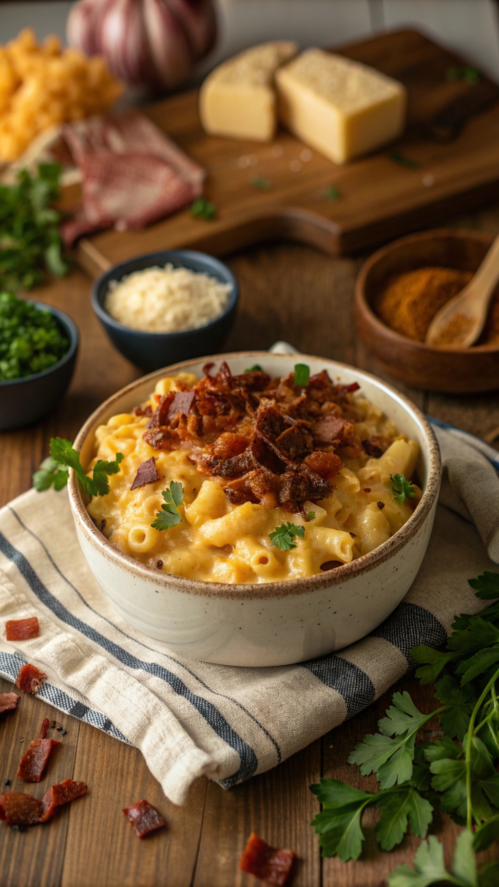 A bowl of mac and cheese topped with crispy bacon bits and fresh parsley, surrounded by ingredients like cheese, bacon, and herbs.