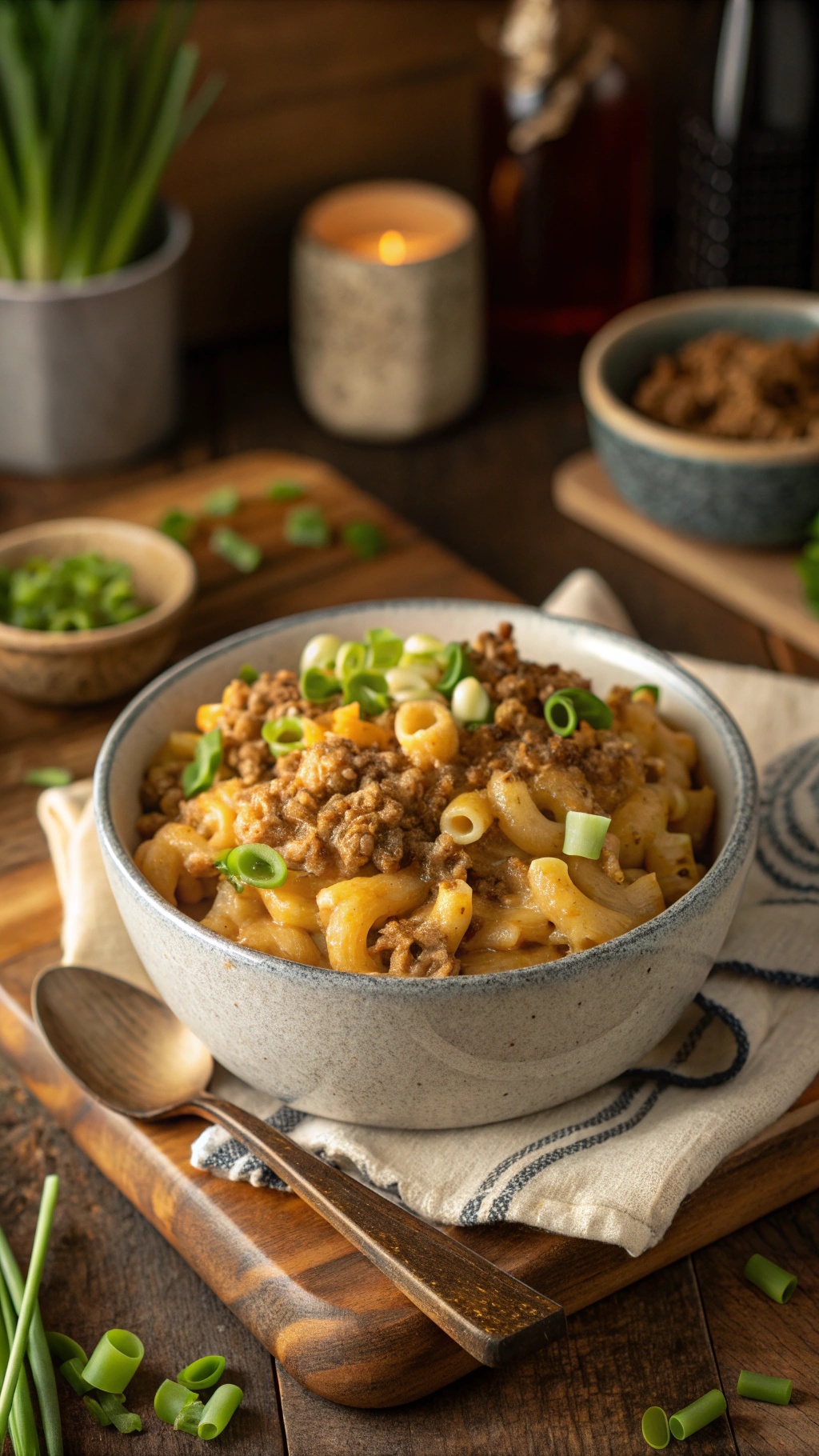 A bowl of mac and cheese with ground turkey, garnished with green onions, on a wooden table.