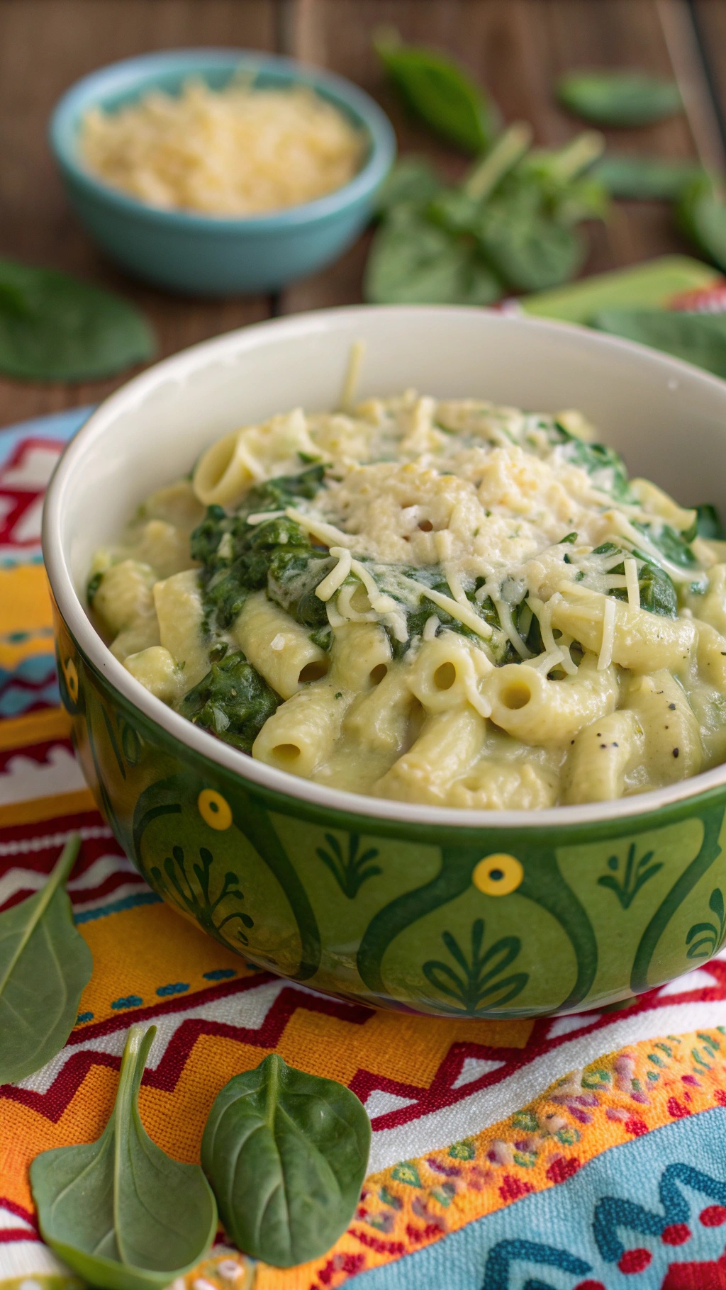 A bowl of mac and cheese with spinach, topped with cheese, on a colorful tablecloth.