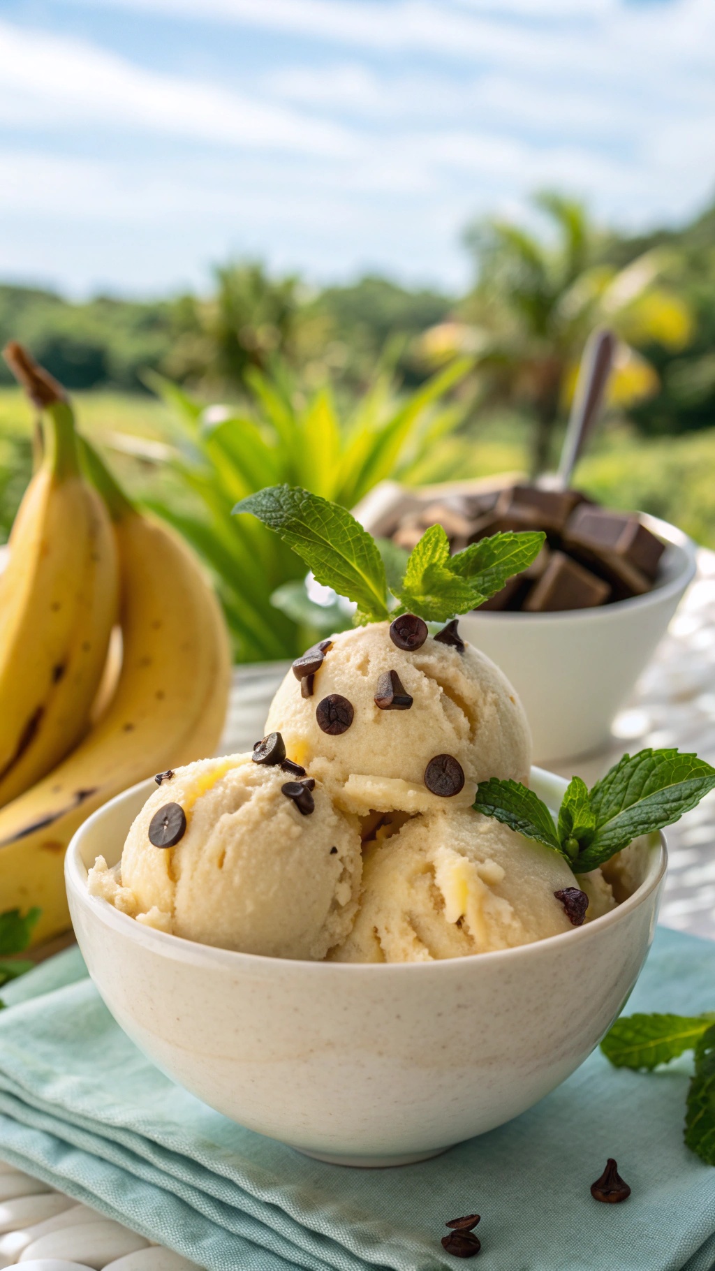 A bowl of banana ice cream topped with chocolate chips and mint leaves, with ripe bananas in the background.
