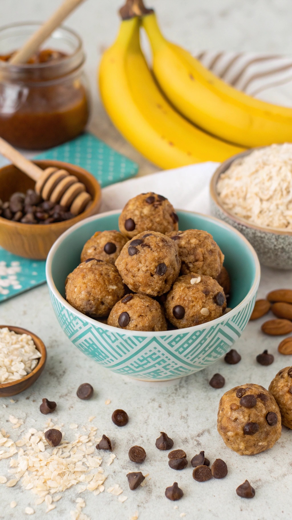 A bowl of banana energy balls surrounded by bananas, oats, and chocolate chips.