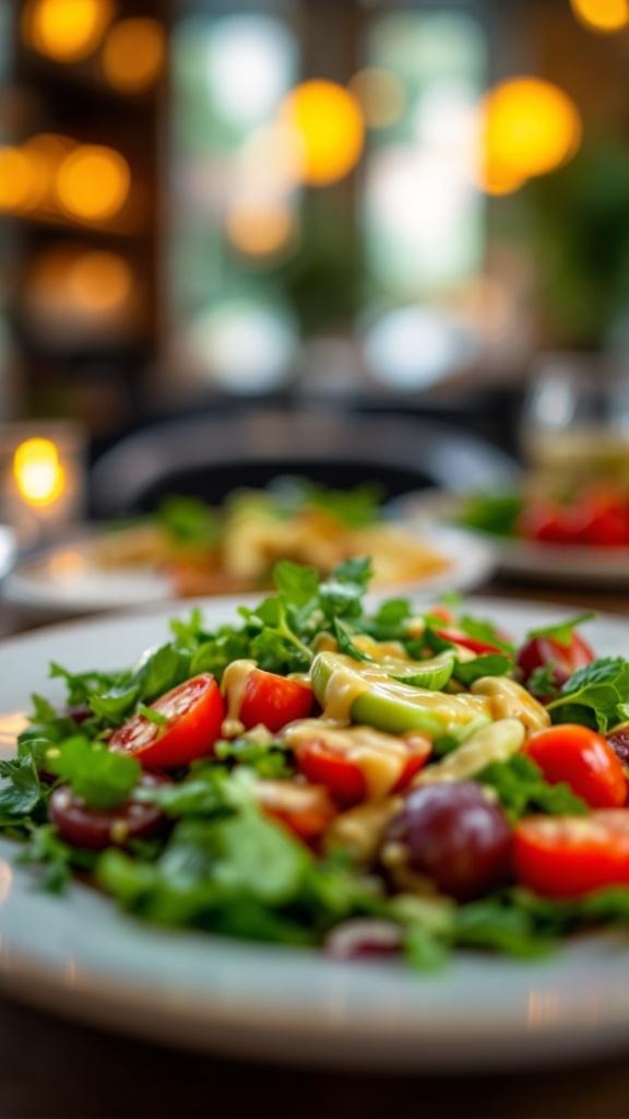 A colorful salad with cherry tomatoes, greens, and a creamy dressing on top.