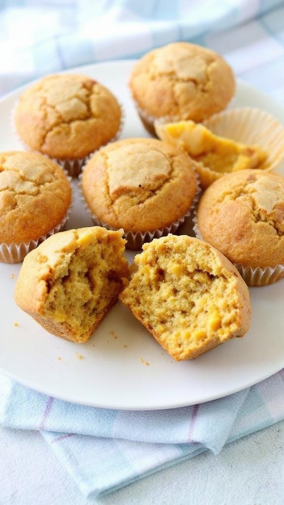 Delicious mango banana muffins on a plate, some cut open to show the fluffy interior.