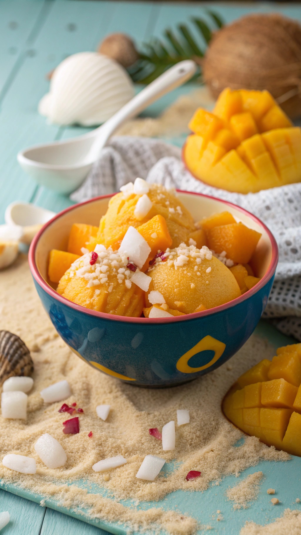 A bowl of mango coconut sorbet garnished with coconut flakes and fresh mango, set against a sandy background.
