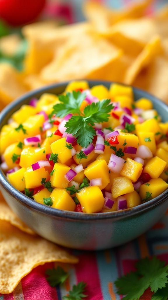 A bowl of colorful mango salsa with diced mangoes, red onions, and cilantro, served with tortilla chips.