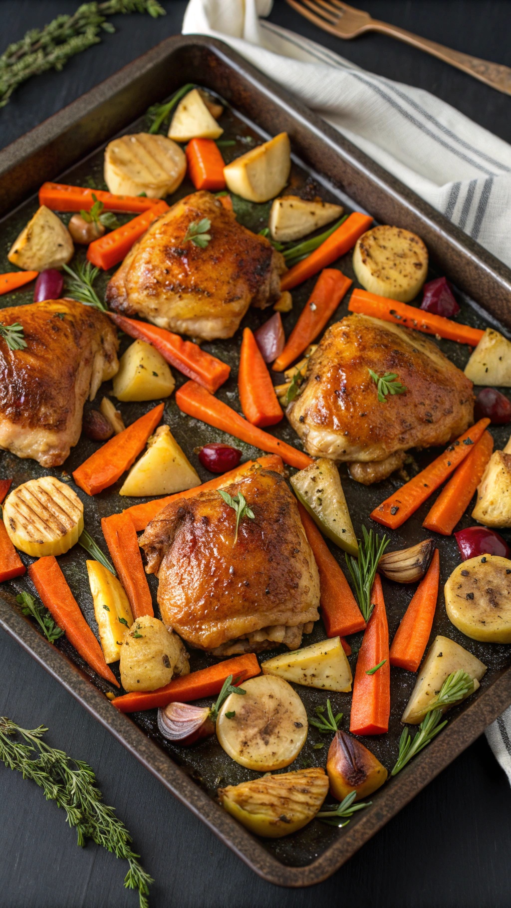 Sheet pan with roasted chicken thighs and winter vegetables