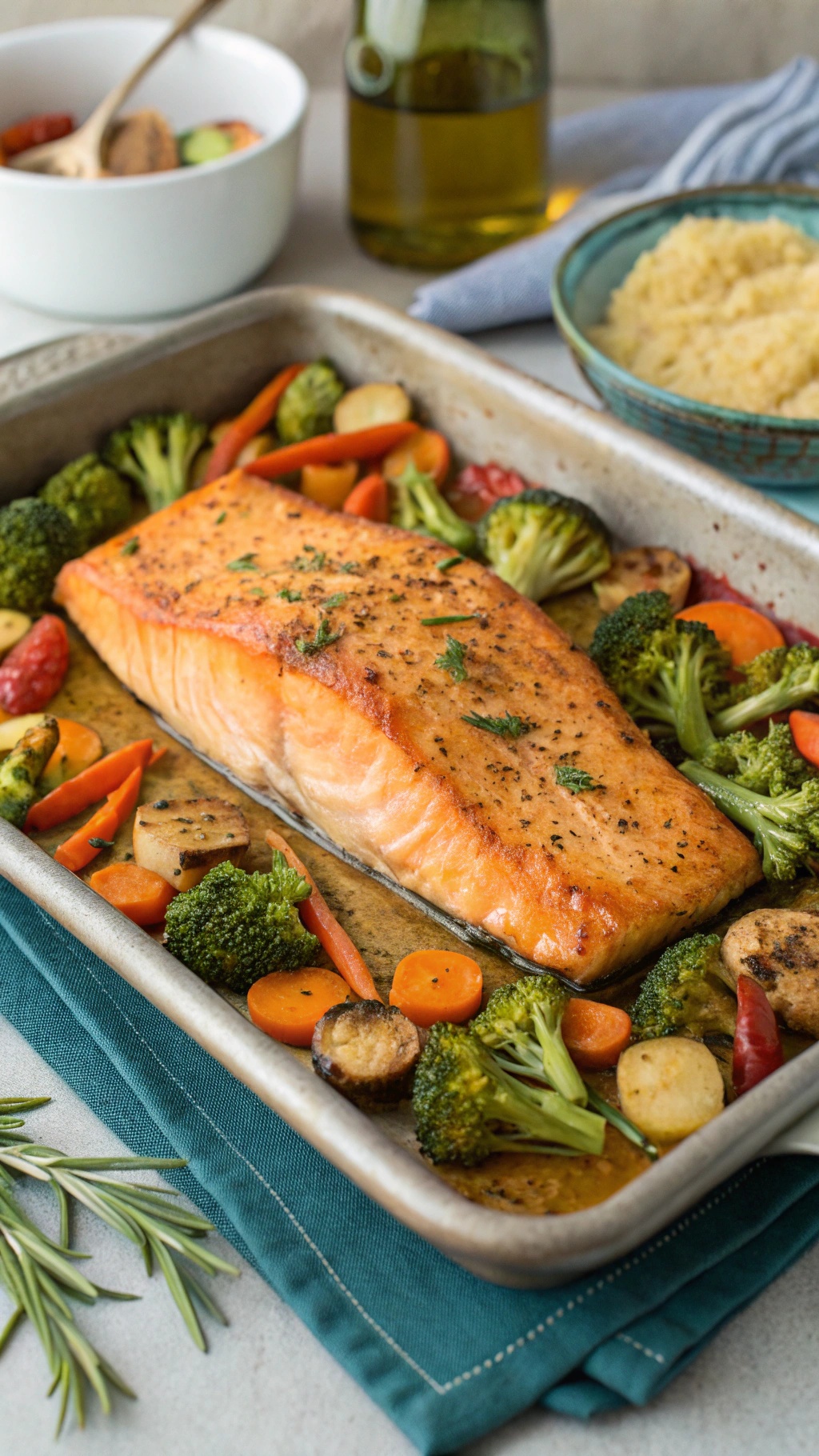Baked salmon fillet with vegetables on a baking sheet