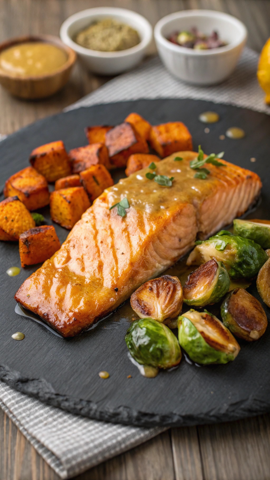 Maple mustard glazed salmon served with roasted sweet potatoes and Brussels sprouts on a slate plate.