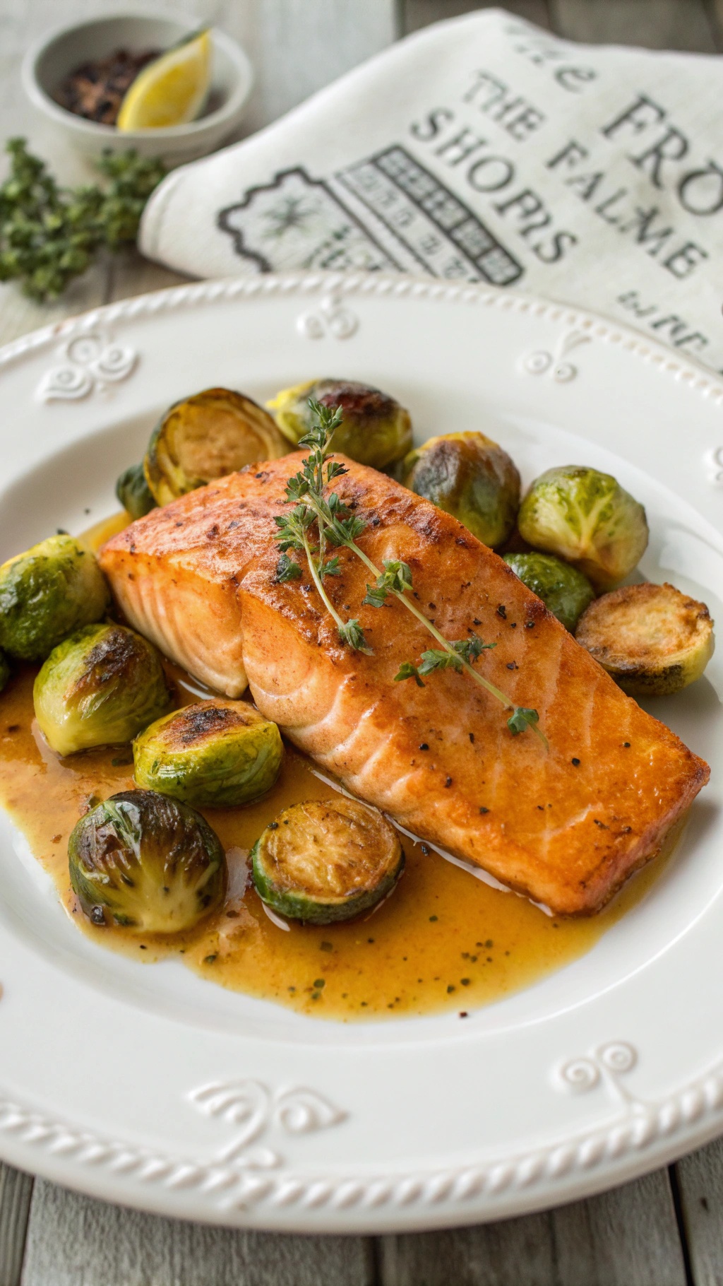 Maple mustard glazed salmon served with roasted Brussels sprouts on a decorative plate.