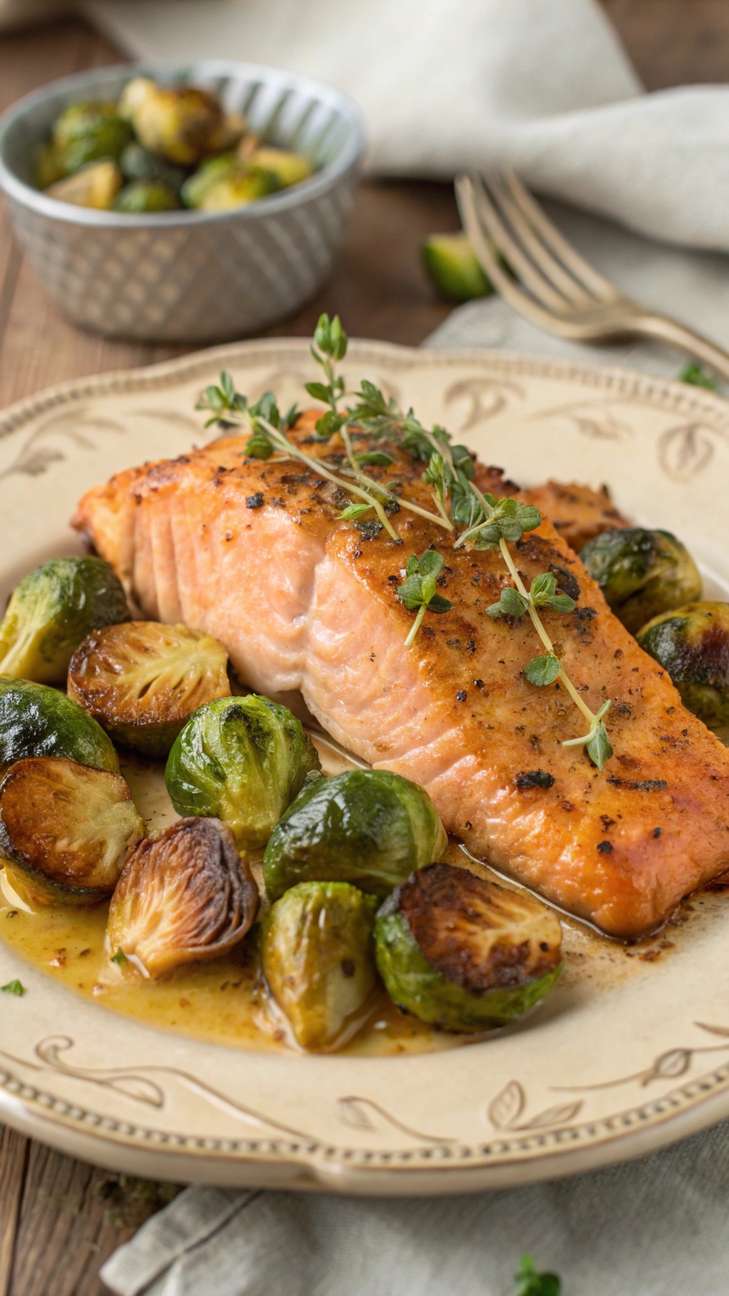 Maple mustard salmon served with roasted Brussels sprouts on a decorative plate.
