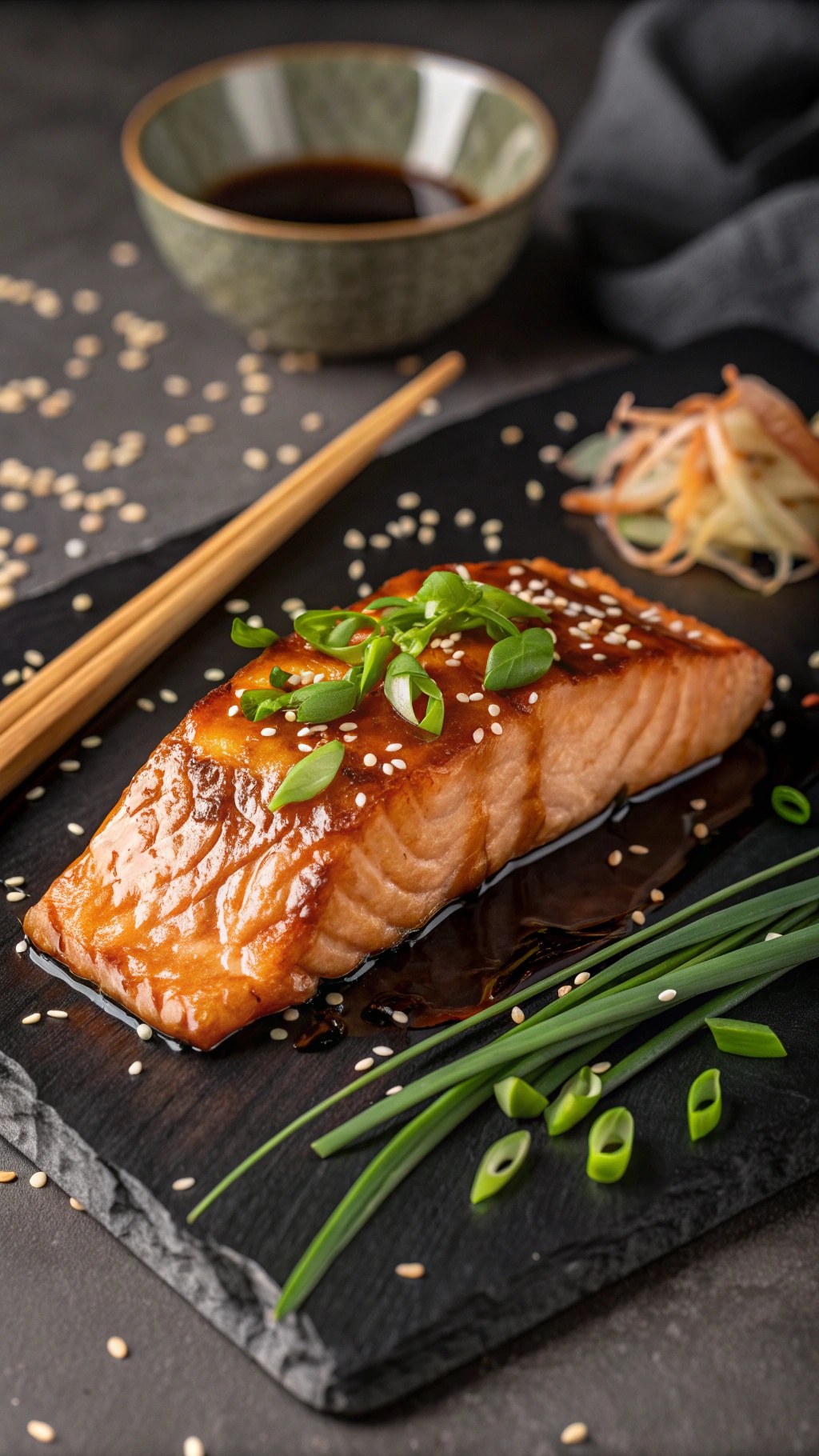 A delicious plate of maple soy salmon garnished with green onions and sesame seeds, served with a small bowl of soy sauce.