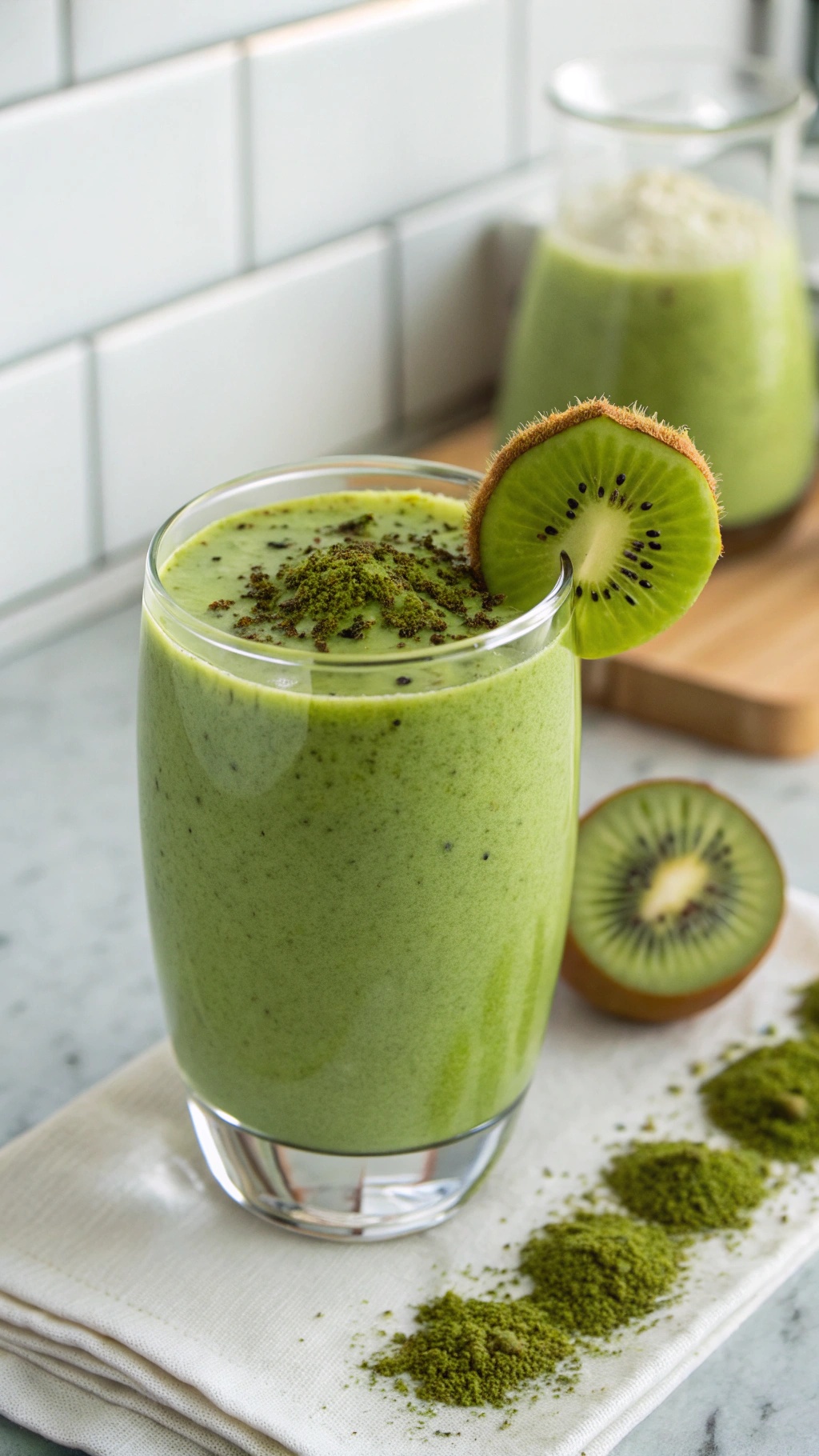 A refreshing Matcha Green Tea Superfood Smoothie in a glass, topped with matcha powder and a slice of kiwi.