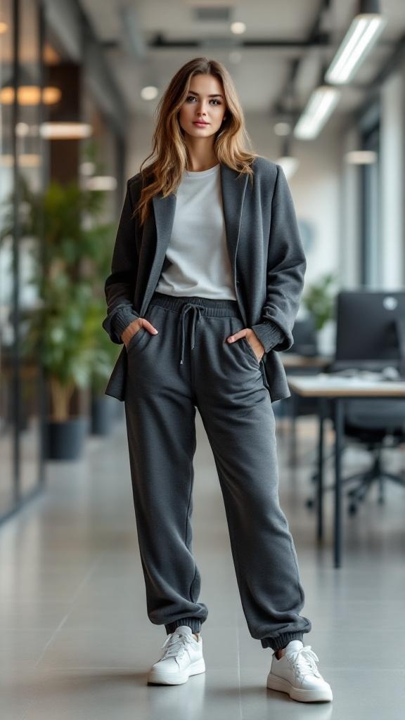A model wearing a gray matching sweatpants set with a blazer and white sneakers, standing in a modern office space.