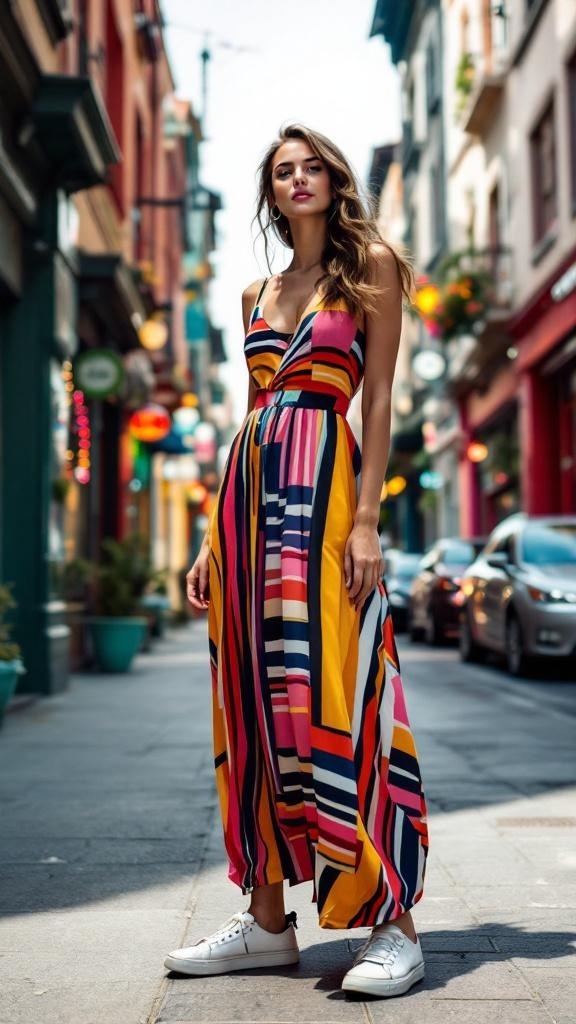 A woman in a bold striped maxi dress and white sneakers stands on a colorful street.