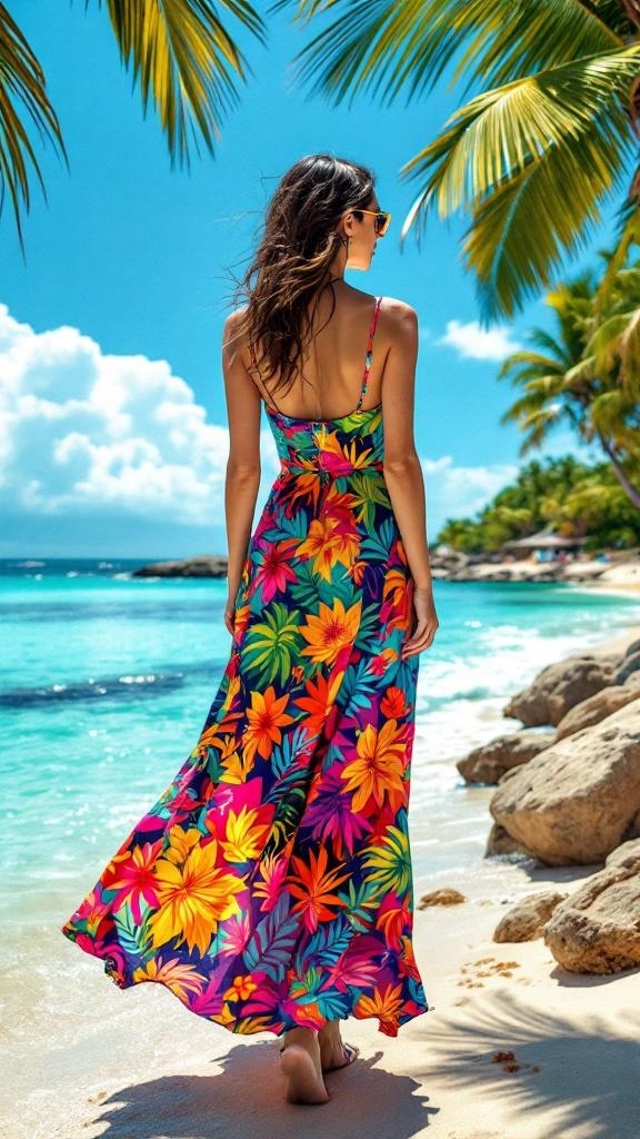 A woman in a colorful floral maxi dress walking on the beach with palm trees and ocean in the background.