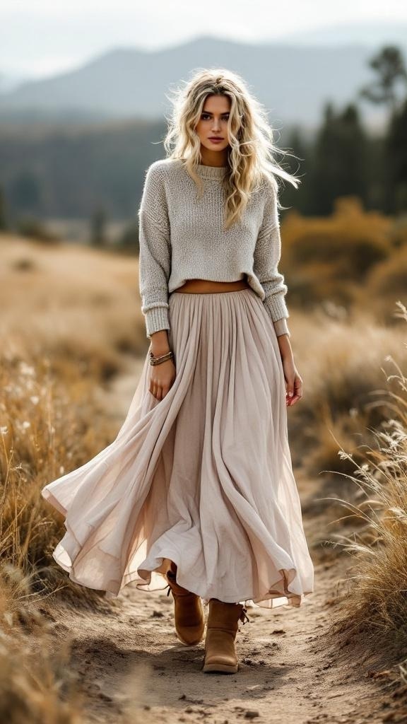 A woman wearing a cropped sweater and a flowing maxi skirt, complemented by Ugg boots, walking along a path in a natural setting.