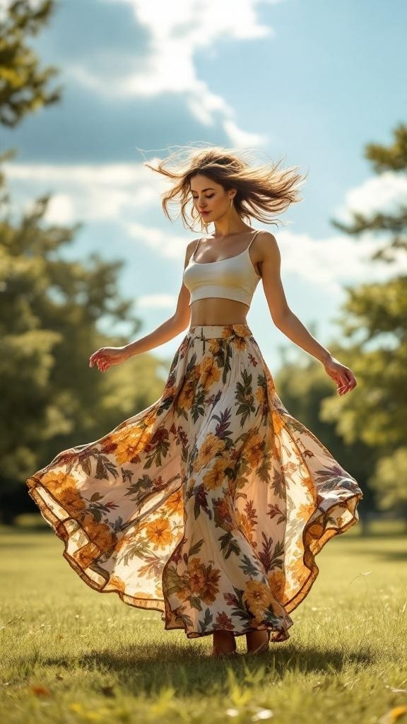 A woman twirling in a floral maxi skirt and cropped top in a sunny outdoor setting.