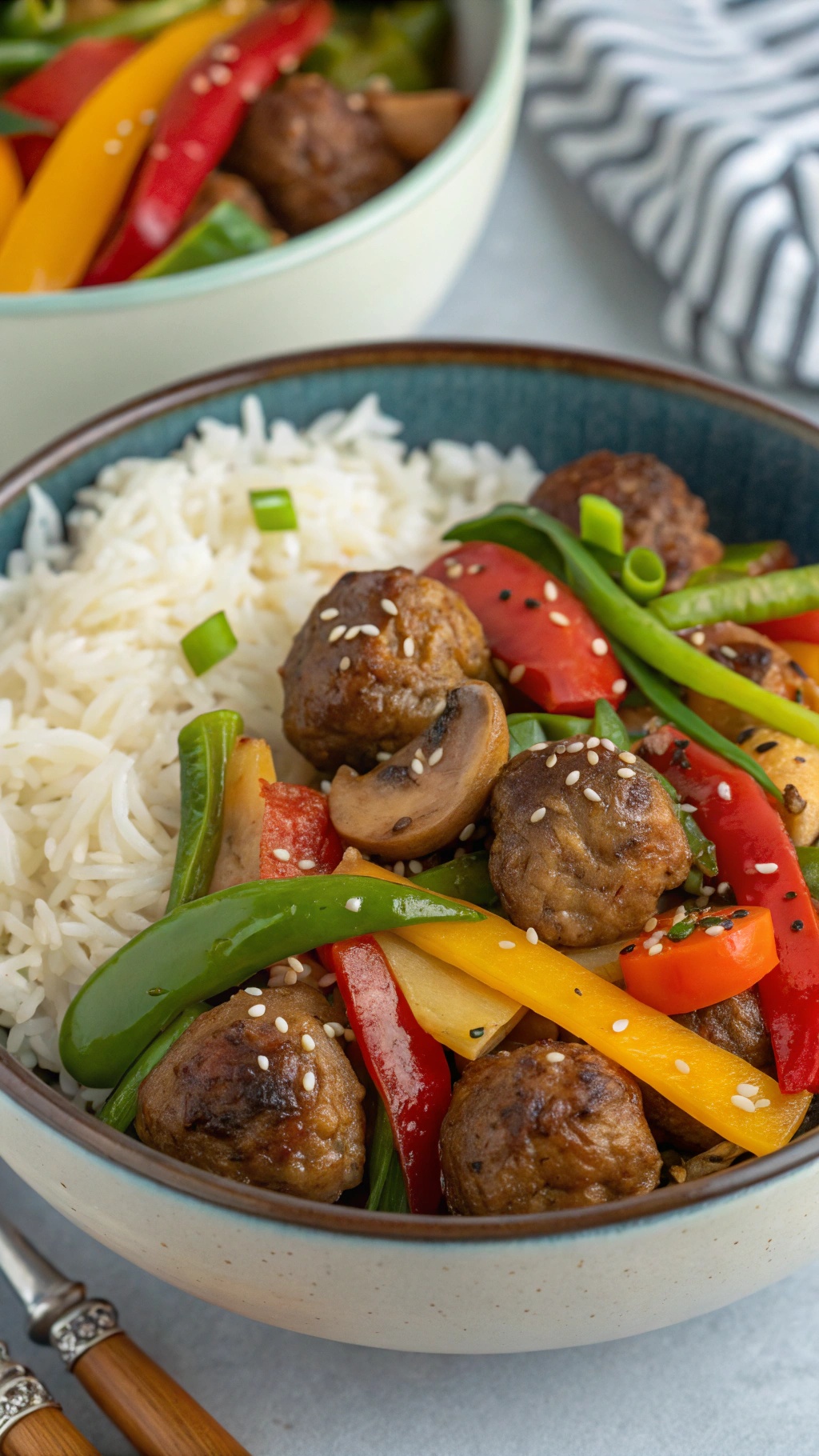 A bowl of meatball and vegetable stir-fry with rice, featuring colorful bell peppers, snap peas, and mushrooms.