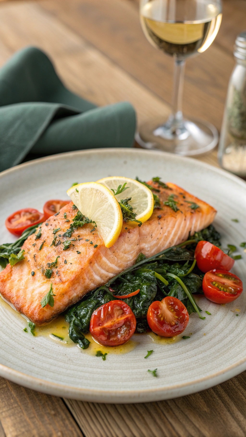 A plate of Mediterranean baked salmon with herbs, served with spinach and cherry tomatoes.