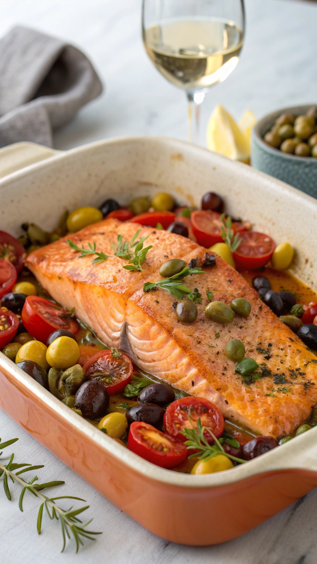 A delicious Mediterranean baked salmon dish with olives and cherry tomatoes, garnished with fresh herbs.