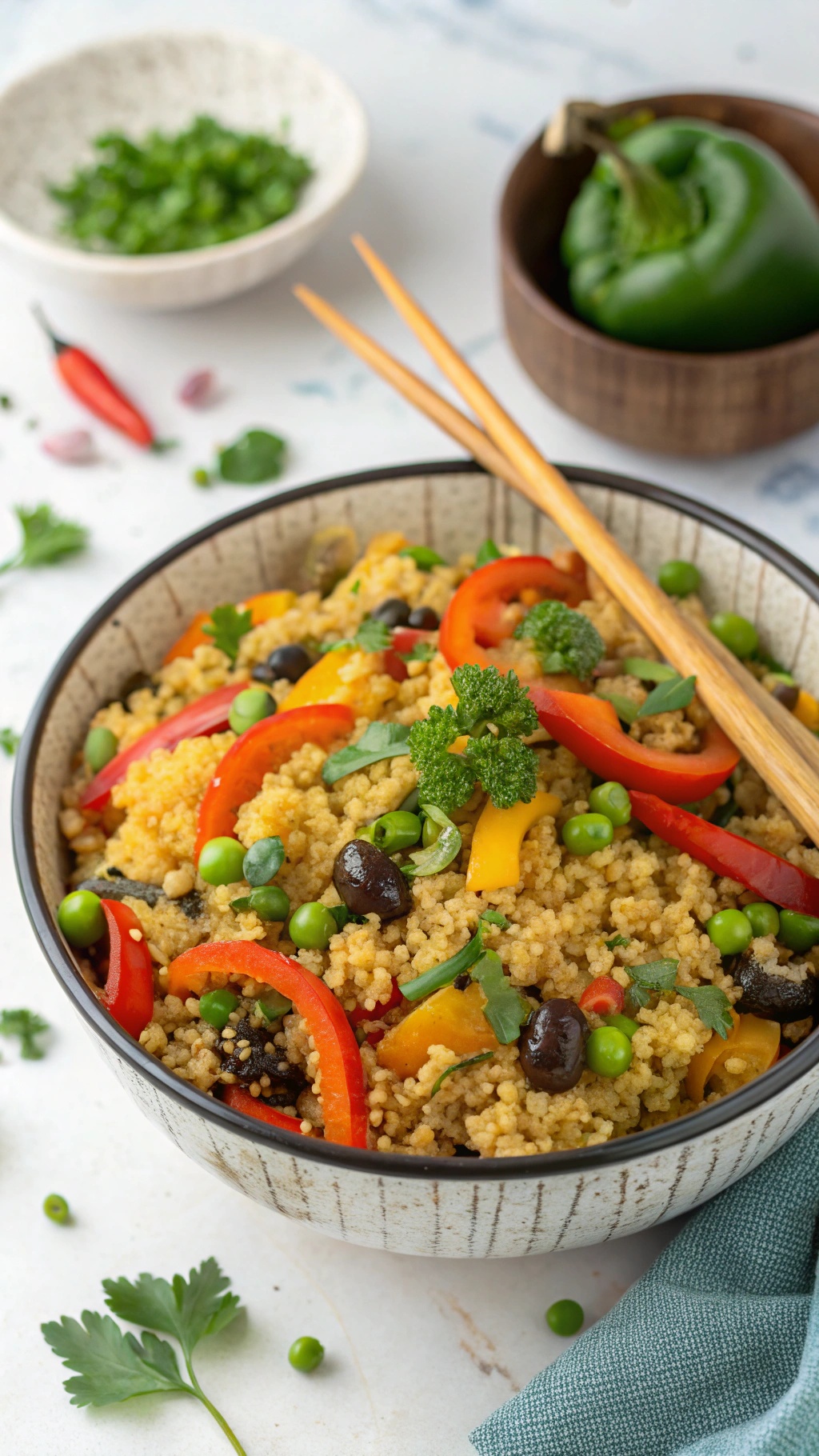 A bowl of Mediterranean Cauliflower Rice Stir-Fry with colorful vegetables and herbs