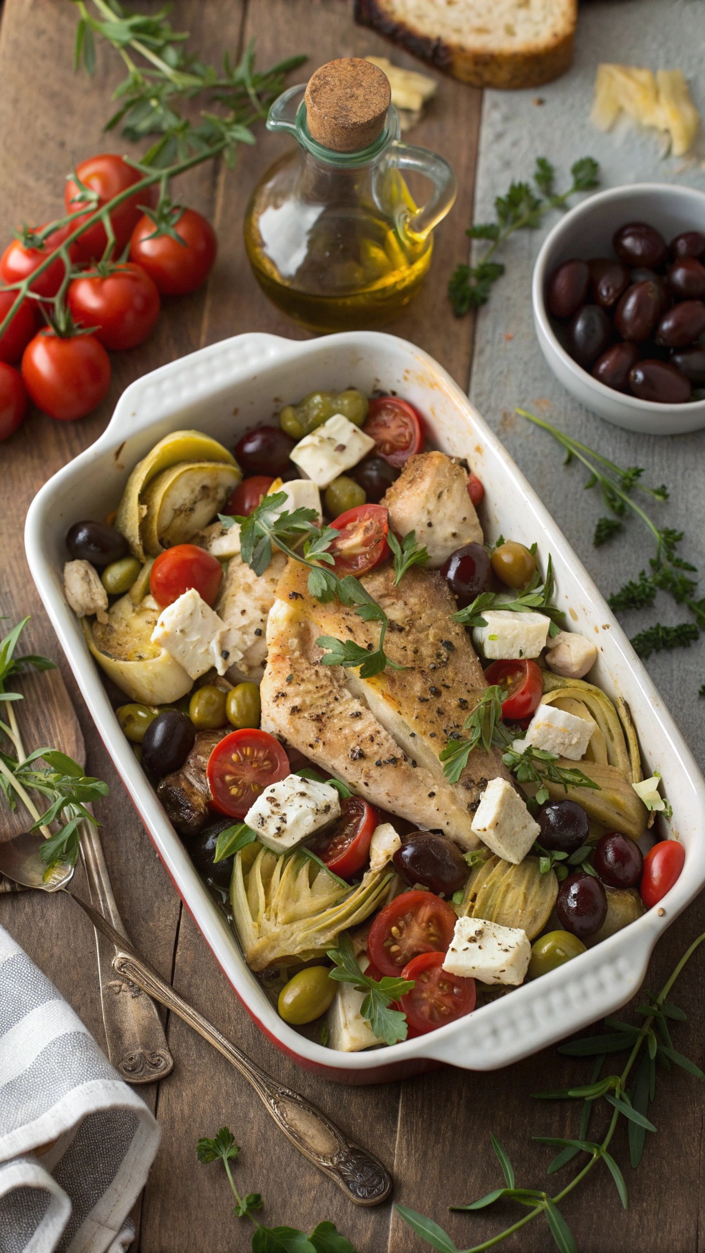 A Mediterranean chicken bake with olives, tomatoes, and feta cheese in a baking dish