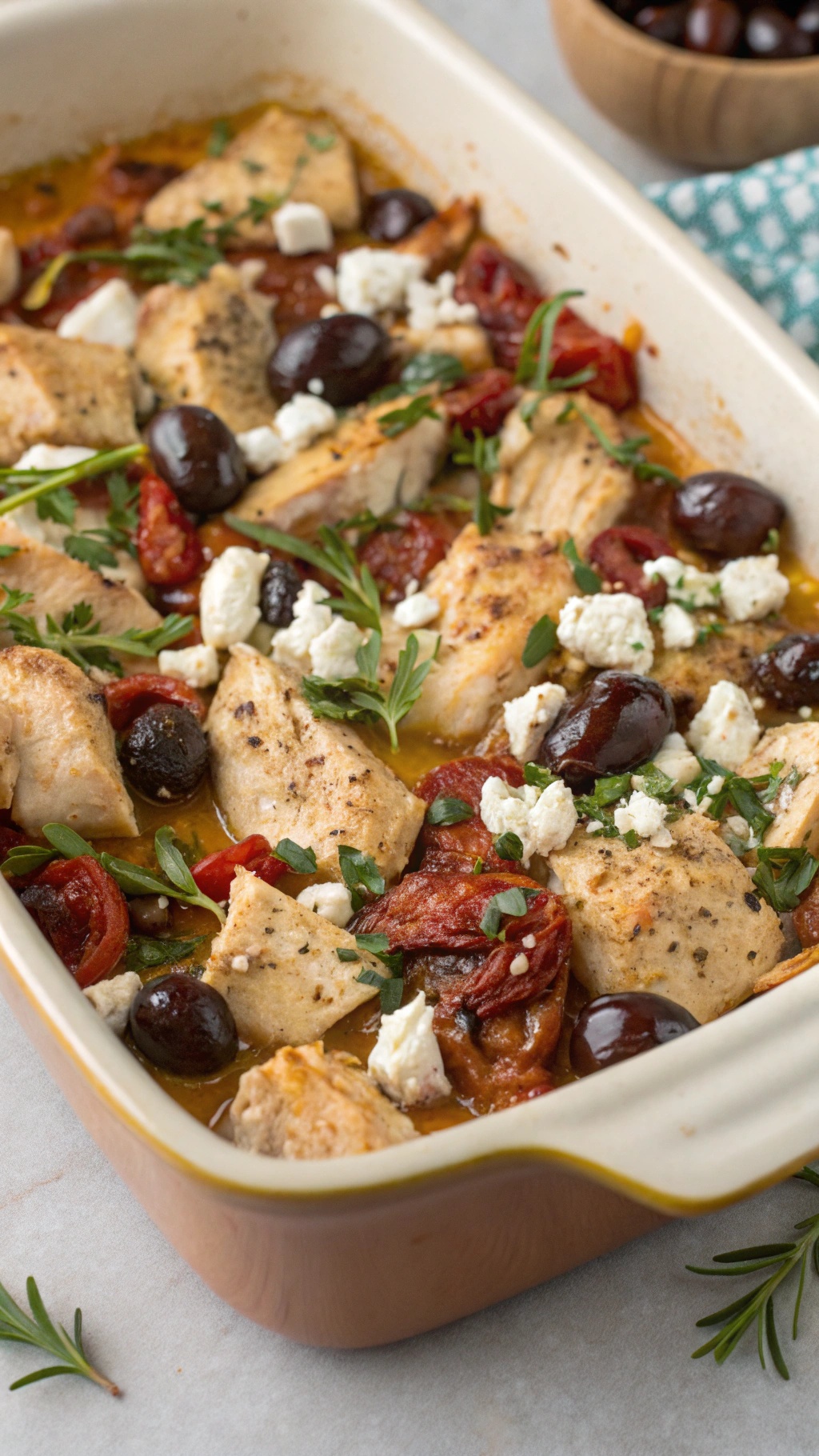 A Mediterranean chicken casserole with chicken pieces, olives, sun-dried tomatoes, and feta cheese, garnished with herbs.