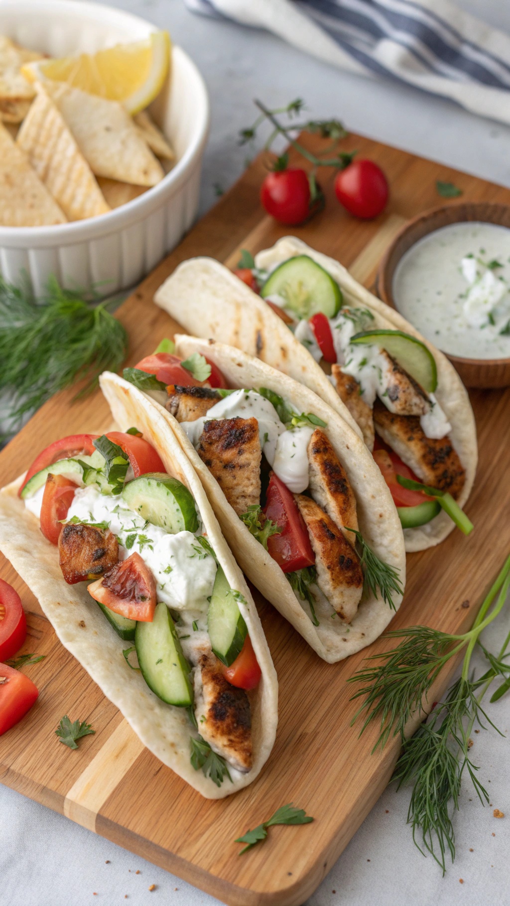 Mediterranean chicken pita wraps with fresh vegetables and yogurt sauce on a wooden board