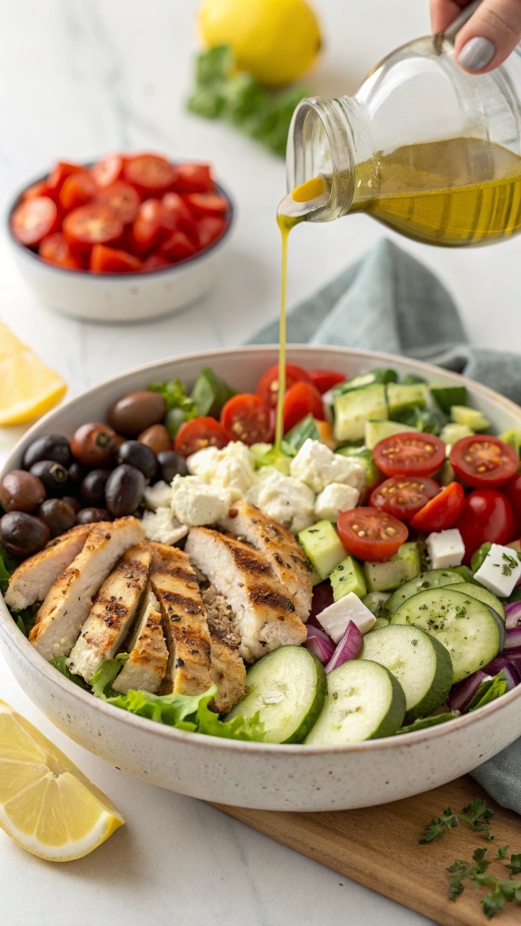 A Mediterranean chicken salad with grilled chicken, fresh vegetables, olives, and feta cheese, drizzled with olive oil.