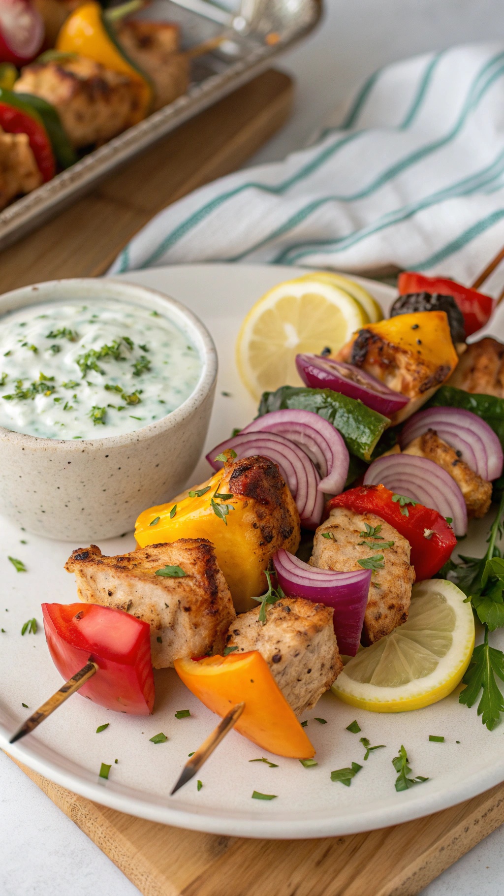 Colorful Mediterranean chicken skewers with bell peppers and onions served with a yogurt sauce.