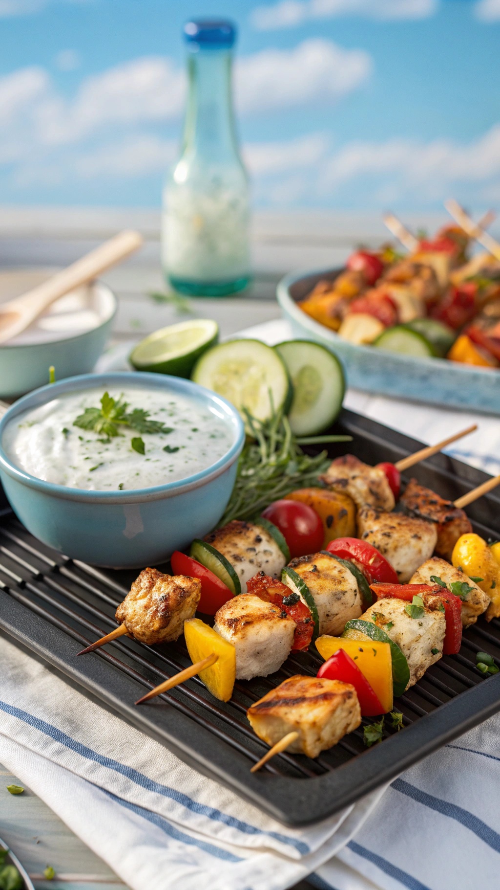 Mediterranean chicken skewers with tzatziki sauce and fresh vegetables