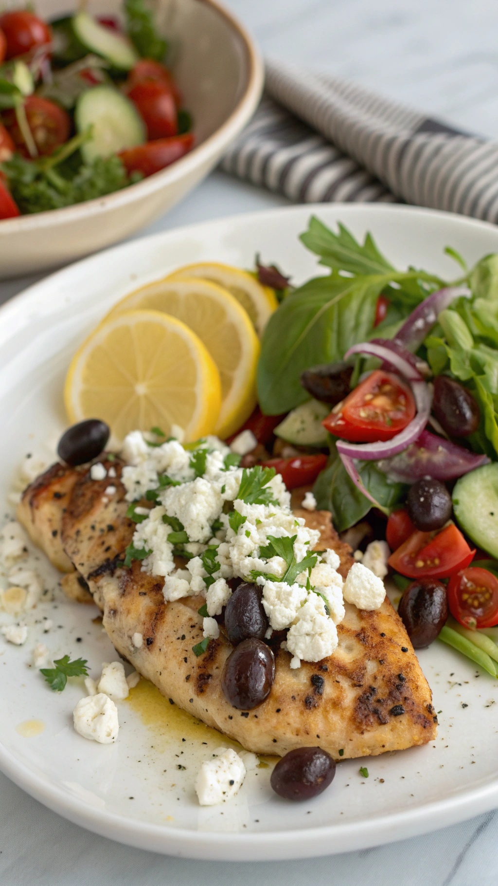 A plate of Mediterranean chicken topped with feta cheese and olives, served with a side salad and lemon slices.
