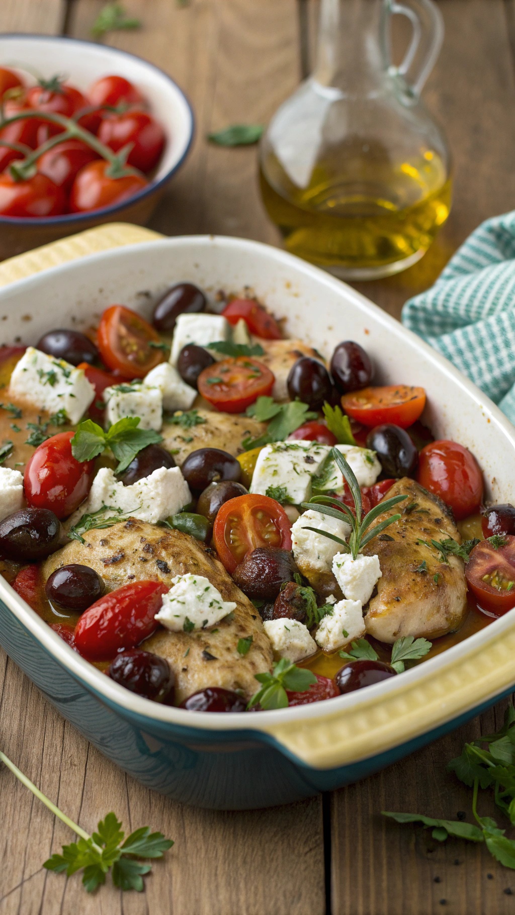 Baked Mediterranean chicken with olives, tomatoes, and feta cheese in a dish