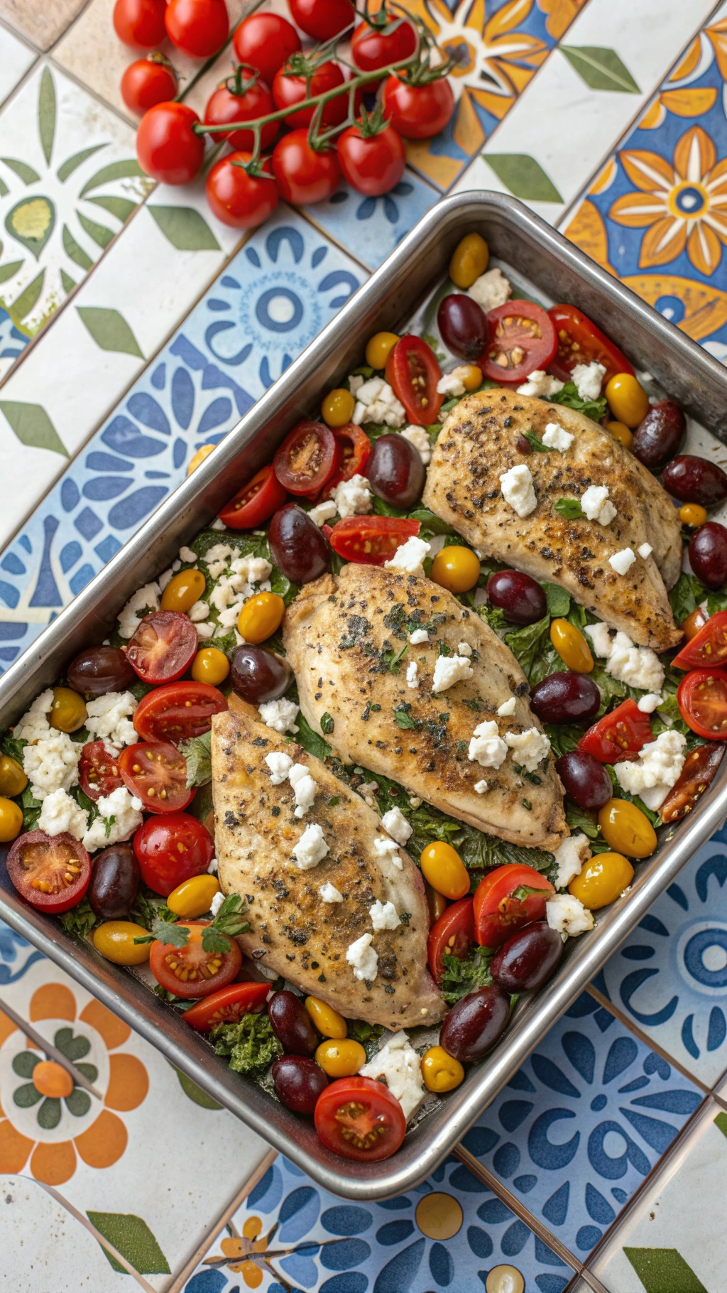 Sheet pan Mediterranean chicken with olives and tomatoes, featuring colorful ingredients on a patterned table.