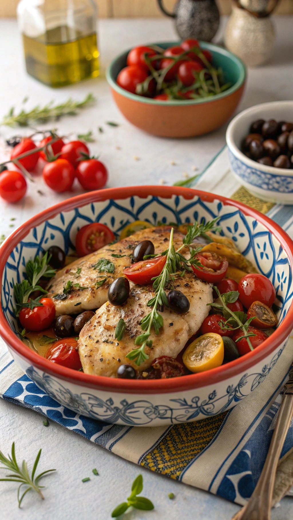A bowl of Mediterranean chicken with olives and tomatoes, garnished with fresh herbs.