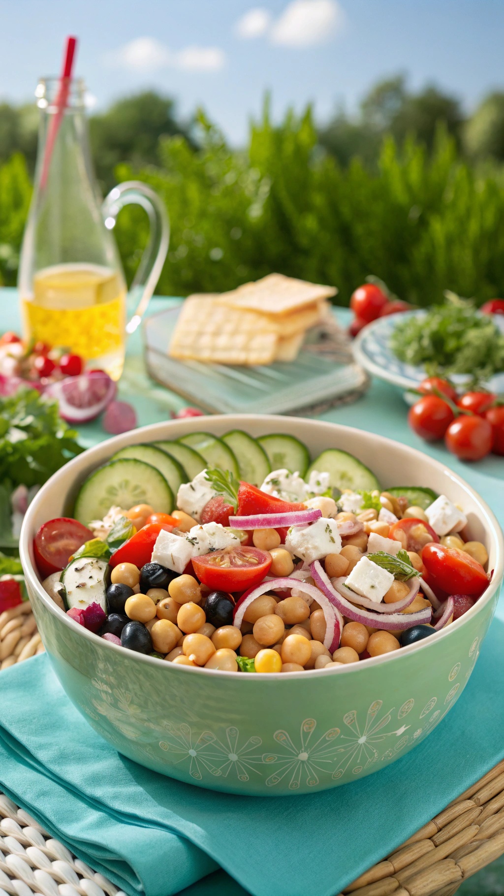 A colorful Mediterranean chickpea salad with feta cheese, fresh vegetables, and a light dressing, served in a bowl.