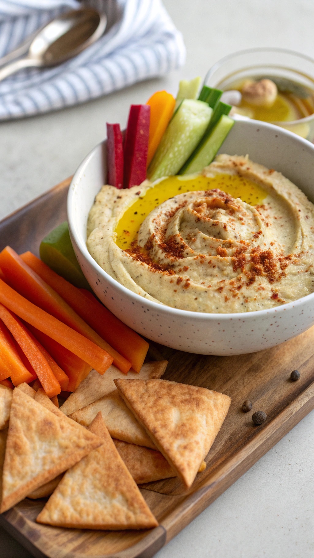A bowl of roasted eggplant hummus garnished with olive oil and spices, surrounded by colorful veggies and pita chips.