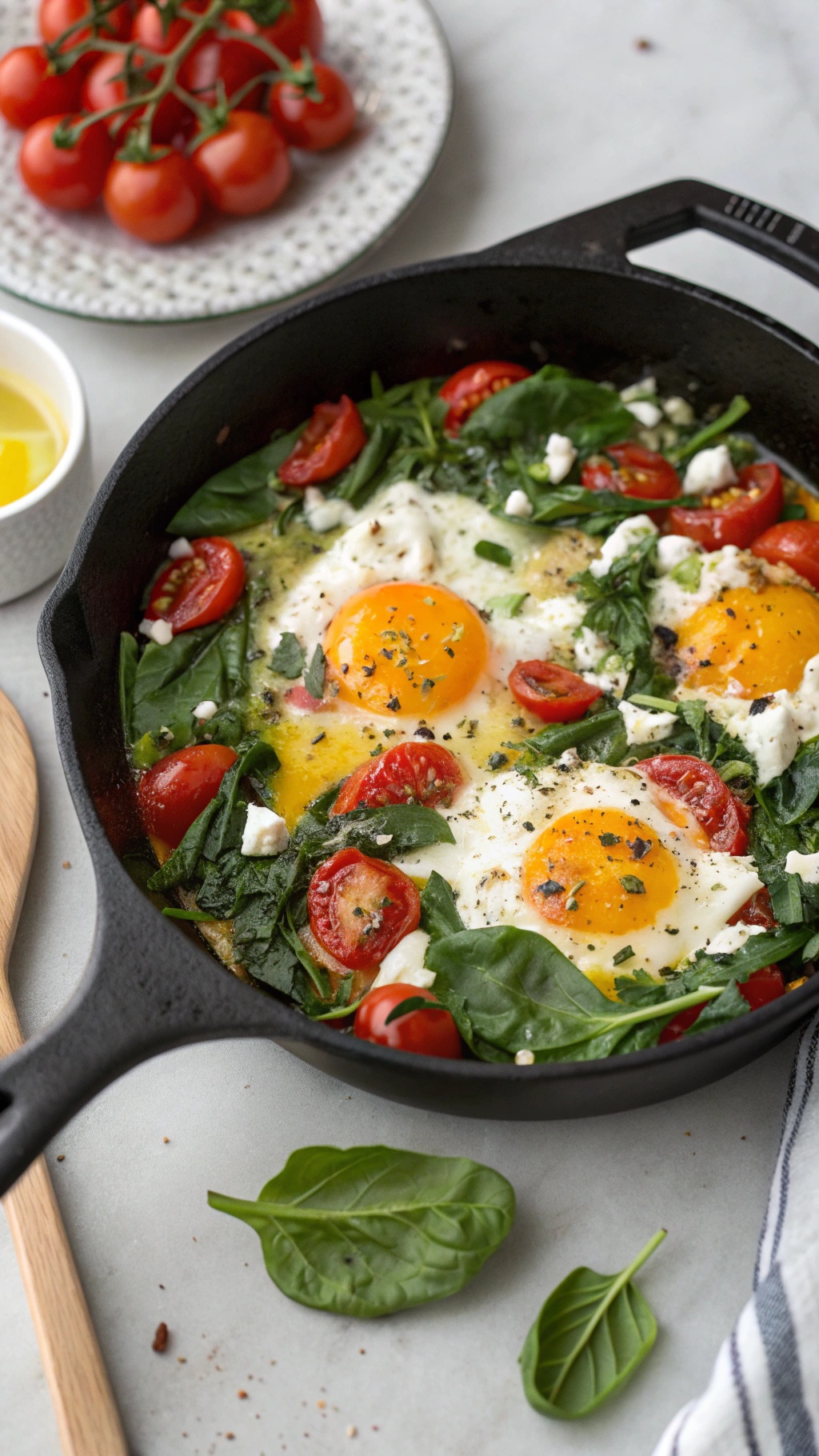 Mediterranean Egg and Spinach Bake with tomatoes and spinach in a skillet